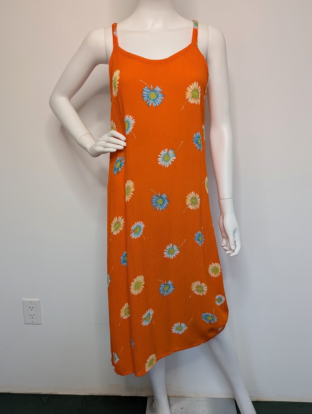 Bright Orange With White & Blue Daisy Floral Pattern Spaghetti Strap Midi Dress